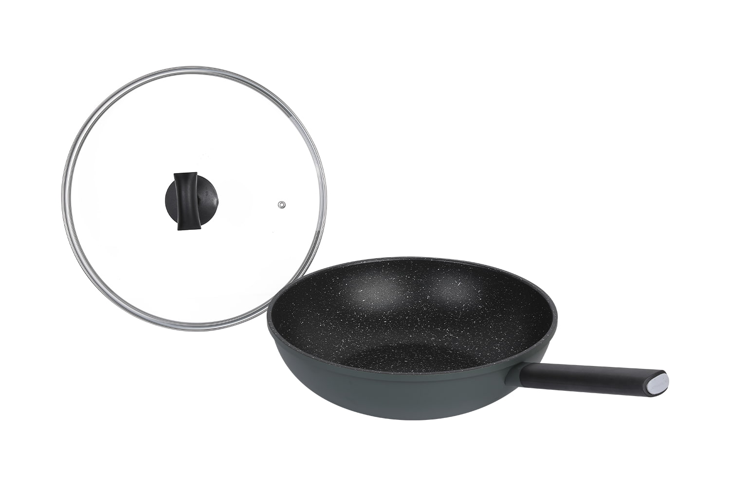 CF-CLB3263D Imitat-Druckguss-Wok – mit Glasdeckel, Imitat-Druckguss-Wok aus medizinischem Stein 32 mit Antihaftbeschichtung