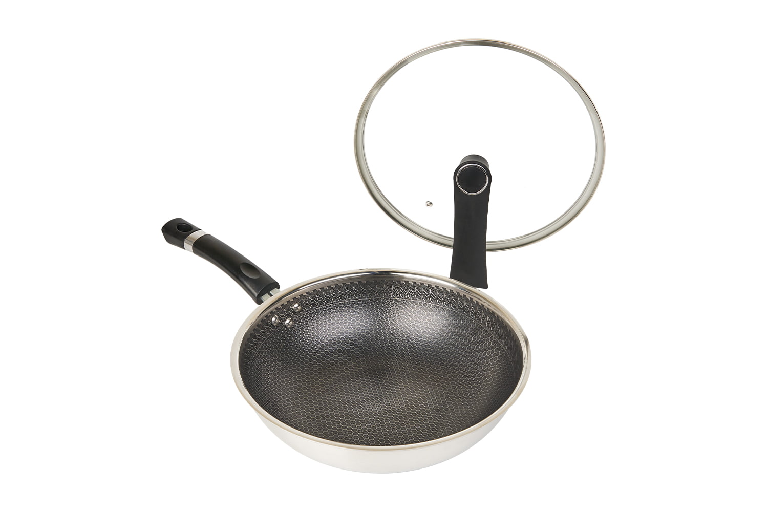 CF30C-CJ538 Edelstahl-Wok mit Glasdeckel, geätzte Antihaftbeschichtung, kratzfest, Haushalt