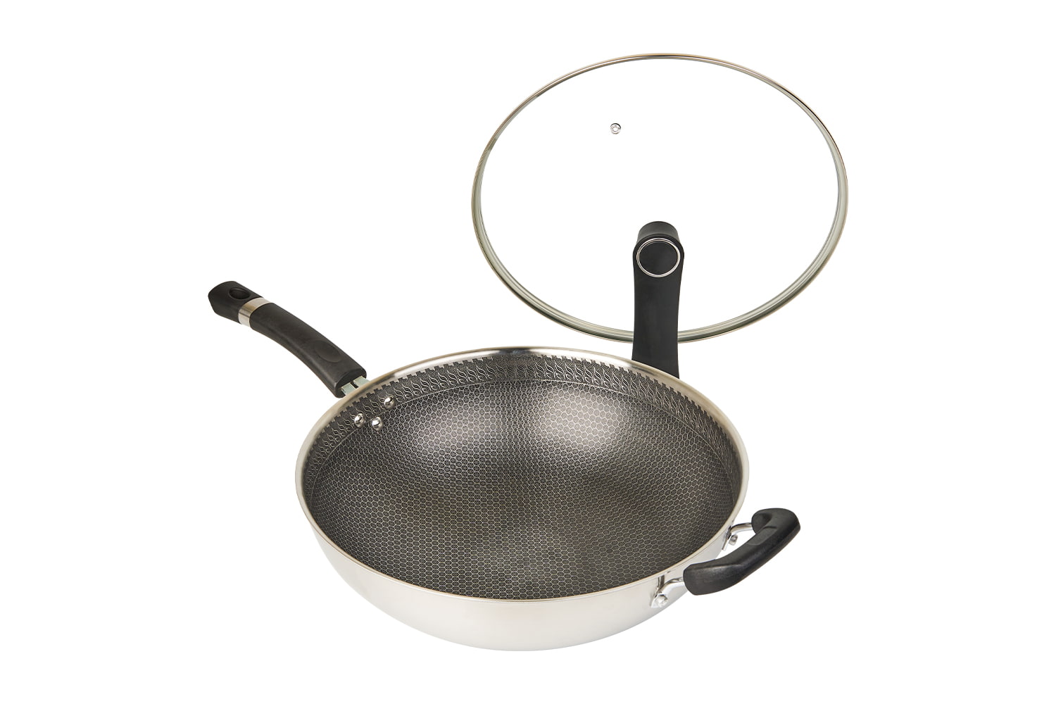 CF34C-CJ598 Edelstahl-Wok mit Glasdeckel, geätzte Antihaftbeschichtung, kratzfest, Haushalt